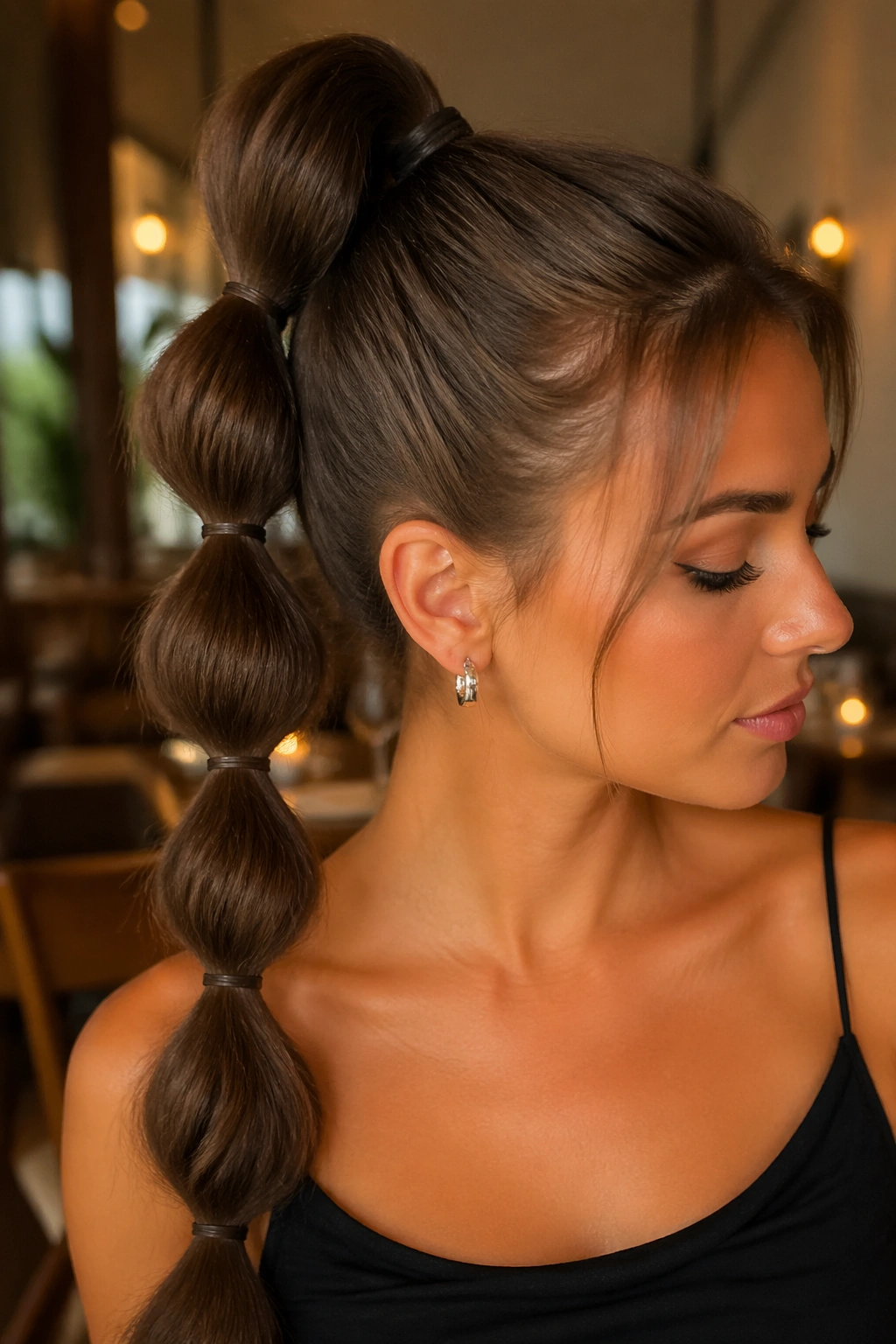 Close-up of a real woman wearing Bubble High Ponytail Extension with segmented bubble sections