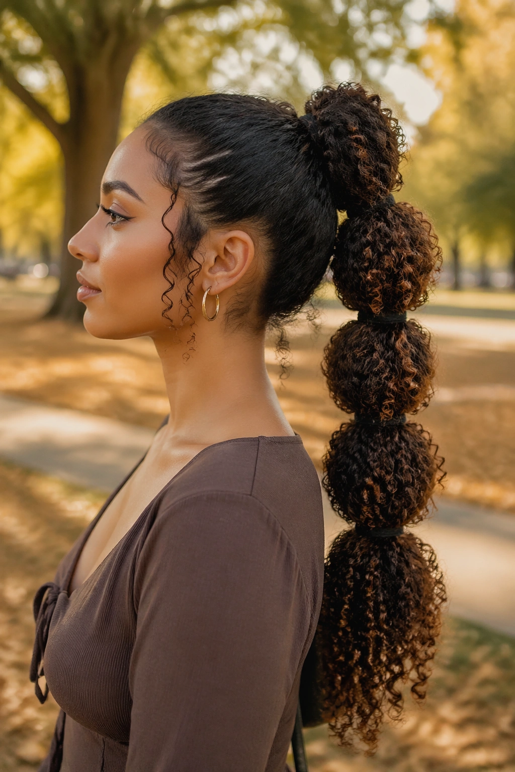 Bubble ponytail with curly extensions seen in side profile.