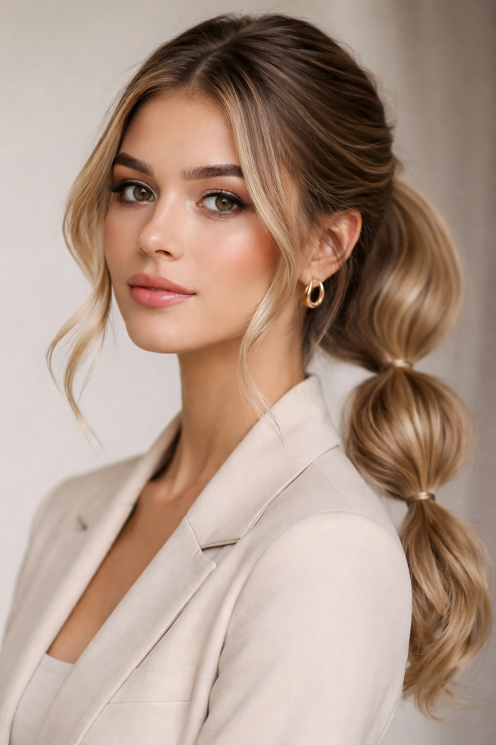 Bubble low ponytail with soft face-framing pieces at temples