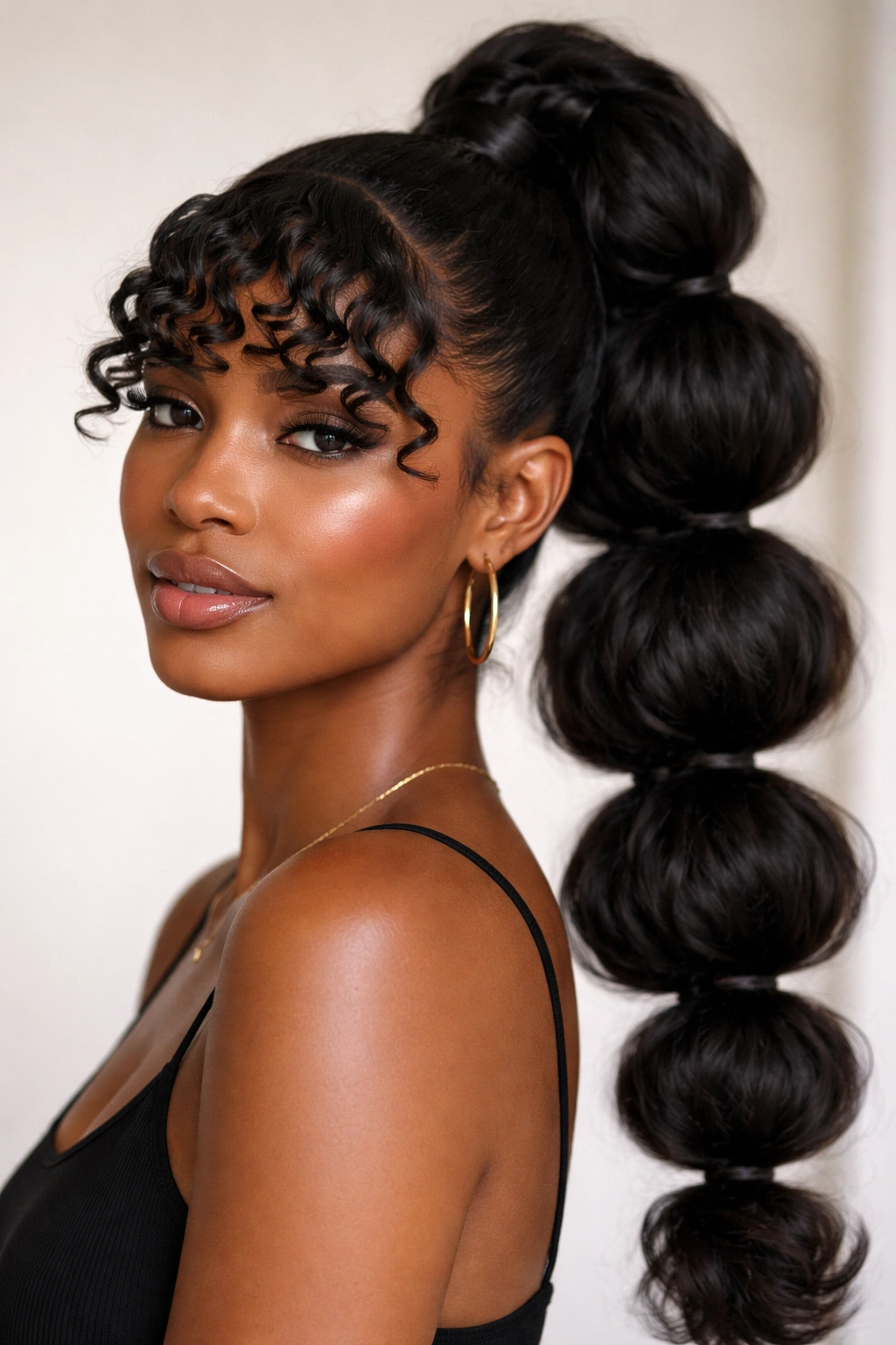 Close-up of bubble ponytail with finger-coiled bangs on natural hair