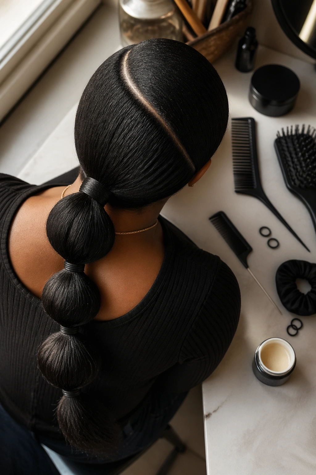 Bubble ponytail flatlay showing elastic bubbles and wrap.