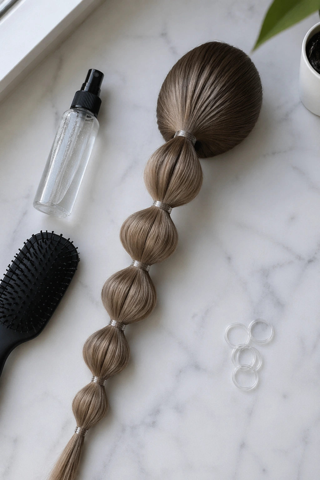 Bubble ponytail flat-lay with elastics and tools.