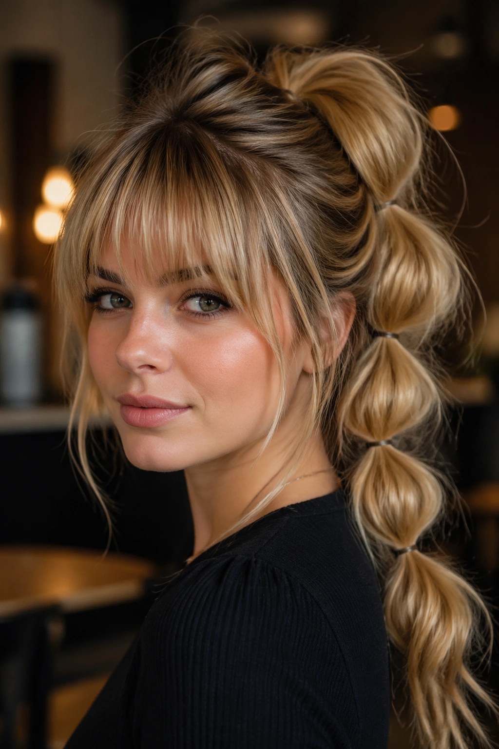 Close-up of a real woman with a bubble ponytail and full fringe in cafe lighting.