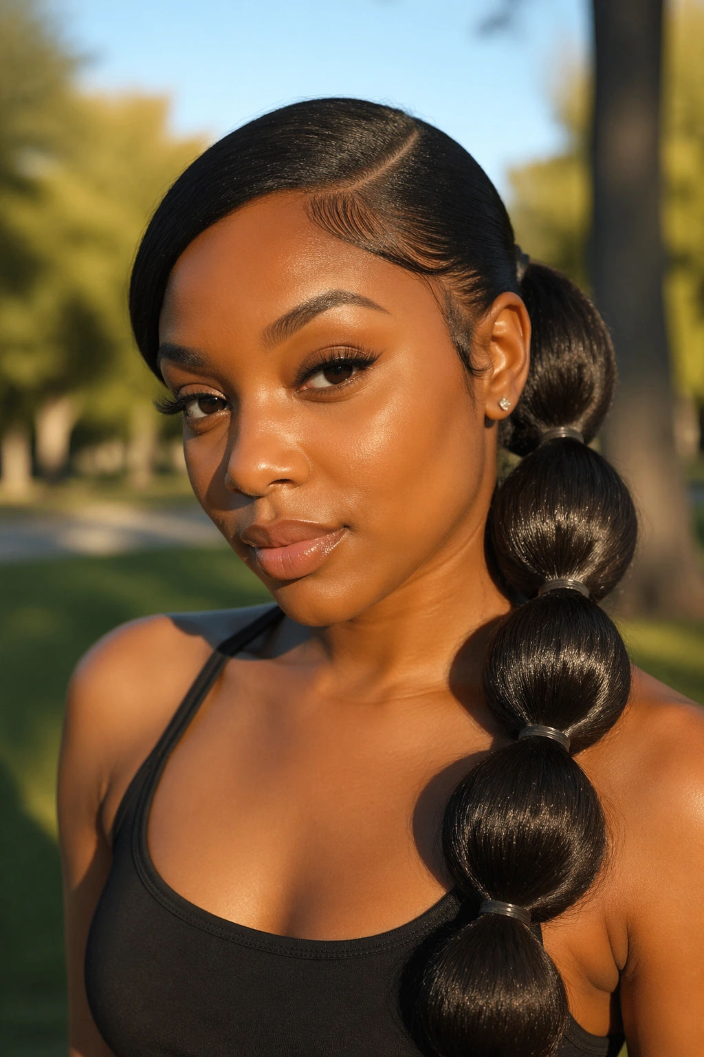 Real woman with bubble-side-part ponytail featuring glossy sections in a park at golden hour.