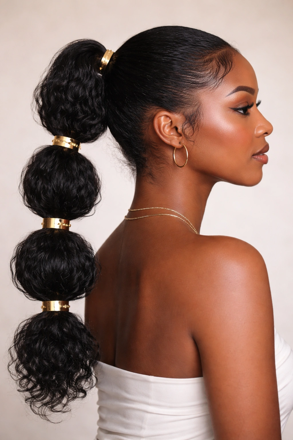 Bubble ponytail with gold cuffs on natural hair, textured coils and metallic shine.