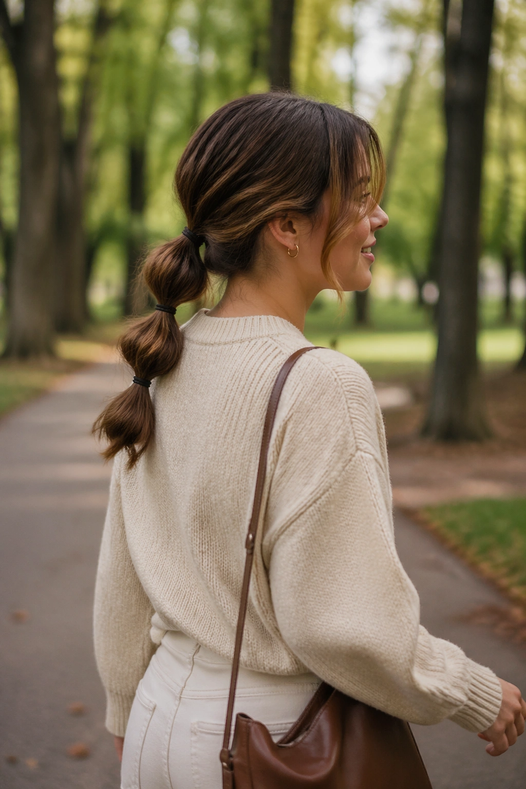 Low bubble ponytail with grown-out fringe during a park walk.