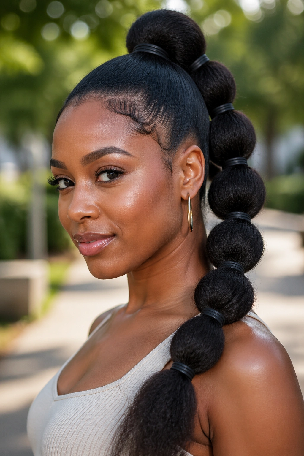 Close-up of a real woman with a bubble high ponytail in natural daylight