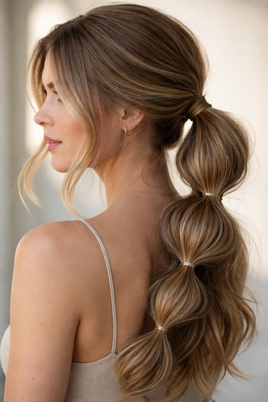Side view of bubble ponytail with evenly spaced elastics