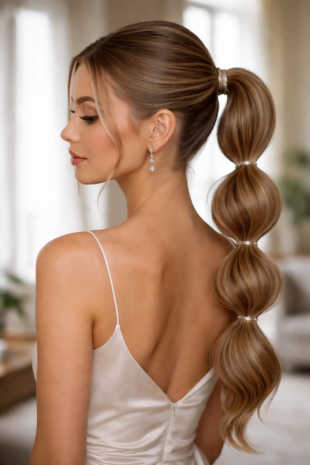 Real woman with bubble ponytail showing clearly separated bubbles