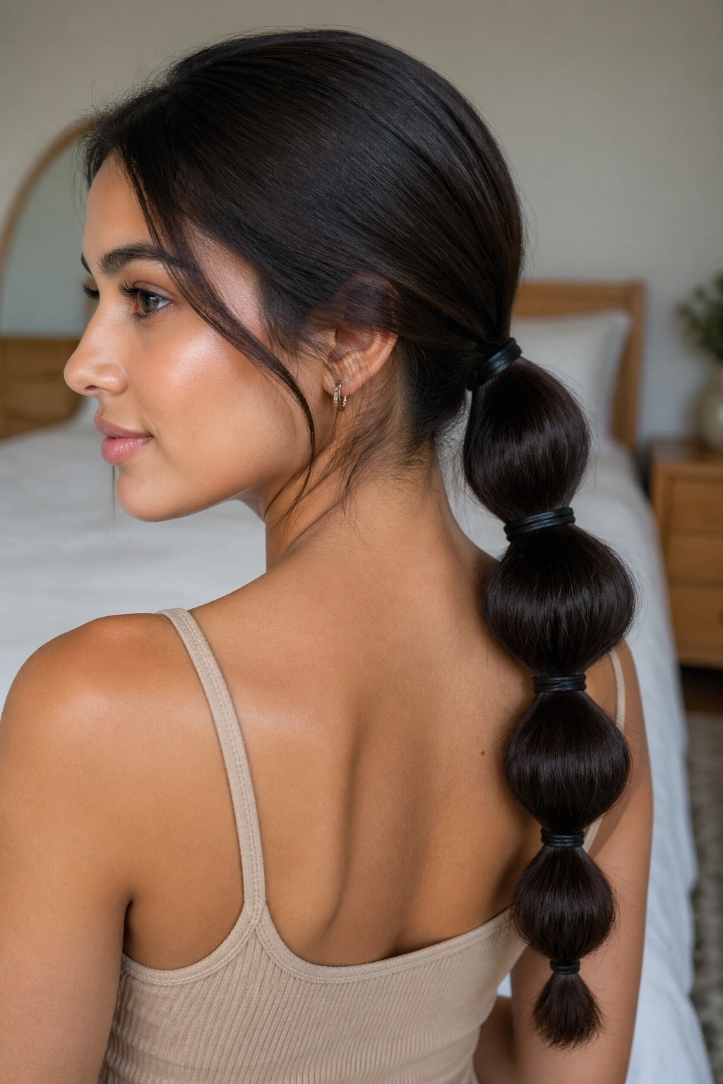 Close-up of a woman with a bubble ponytail showing small elastic bubbles along a medium-low ponytail in warm window light