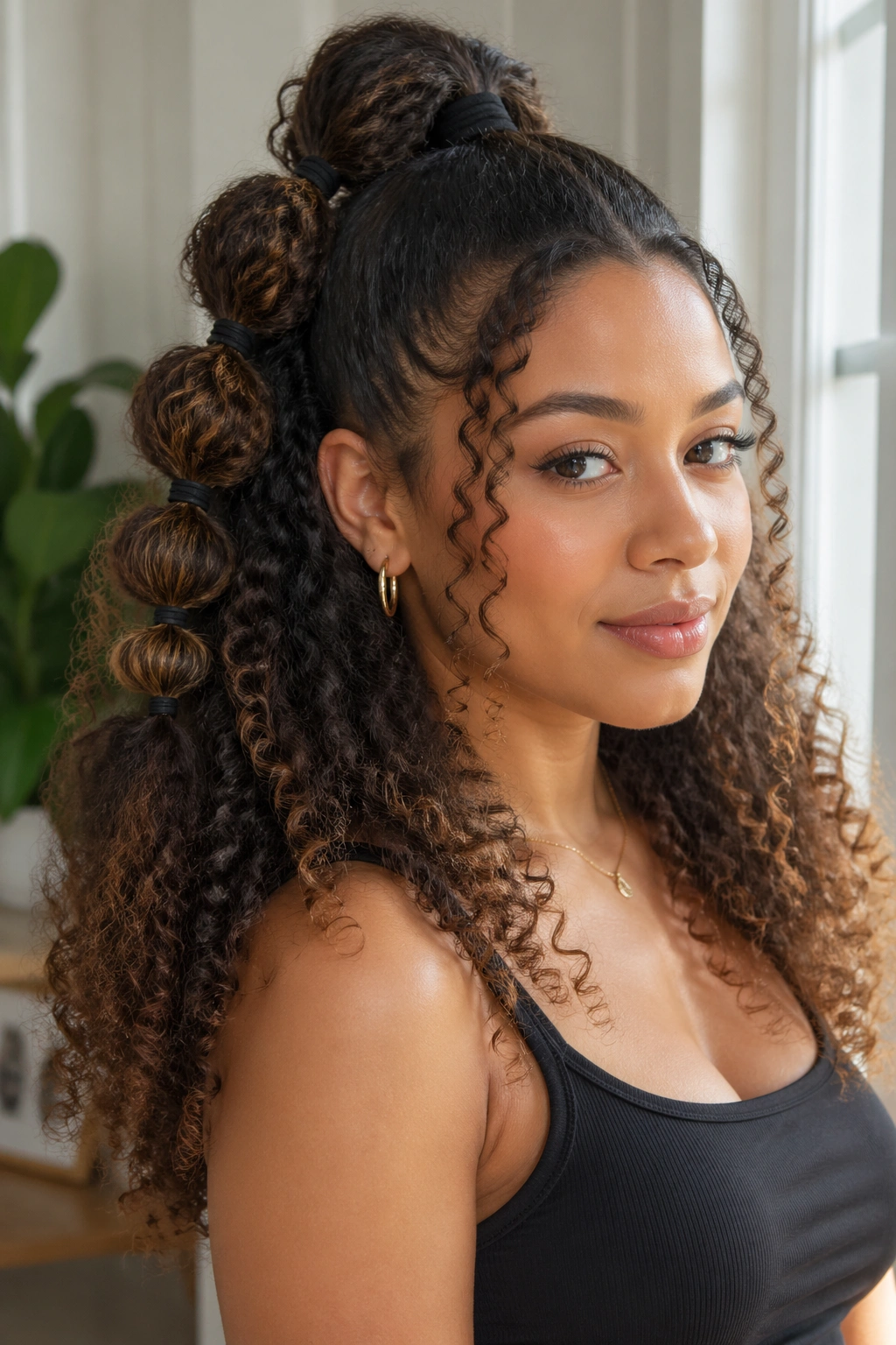 Close-up portrait of a real woman with a bubble ponytail half-up
