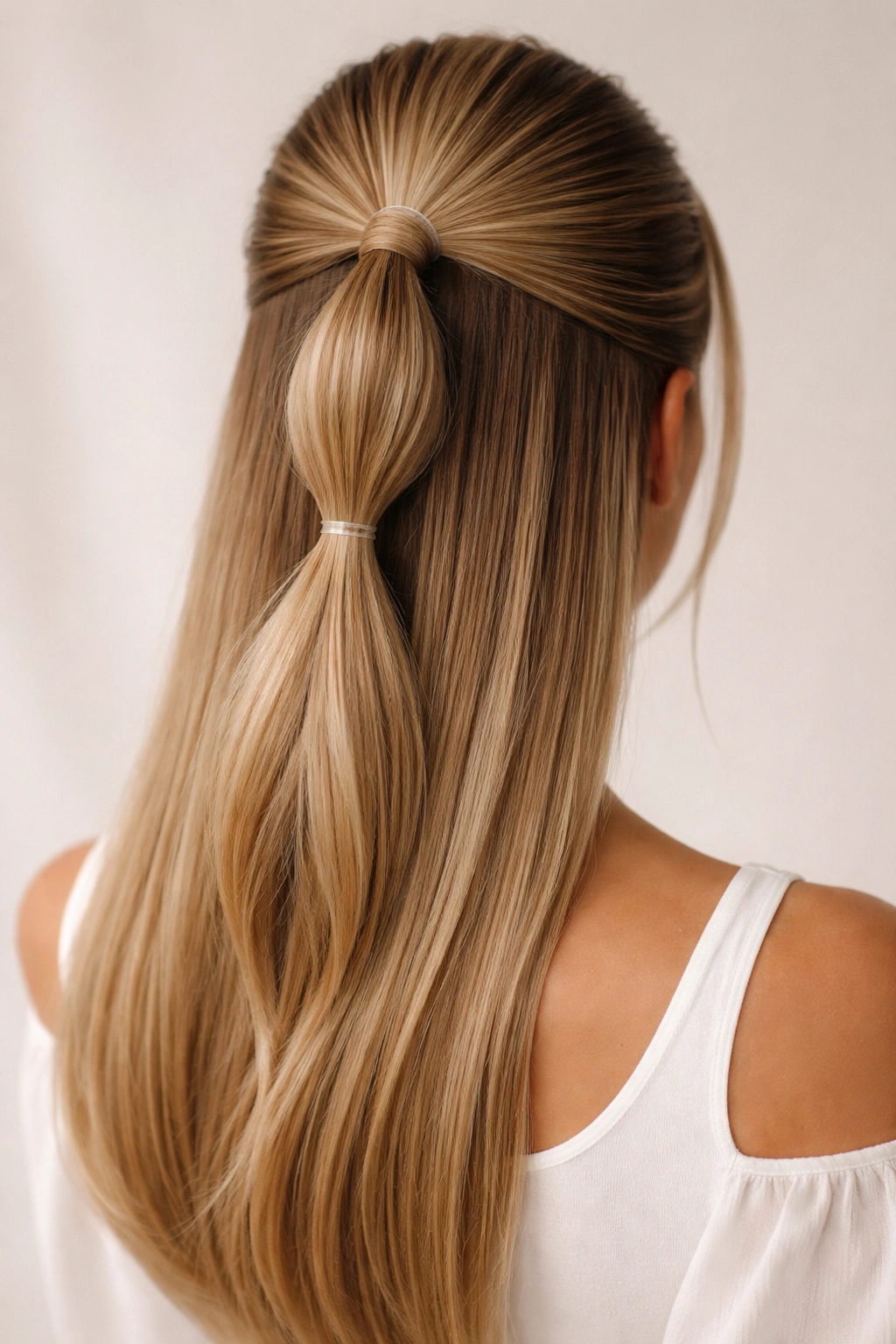 Back view of a half-up bubble ponytail with two elastics forming a rounded bubble on straight hair