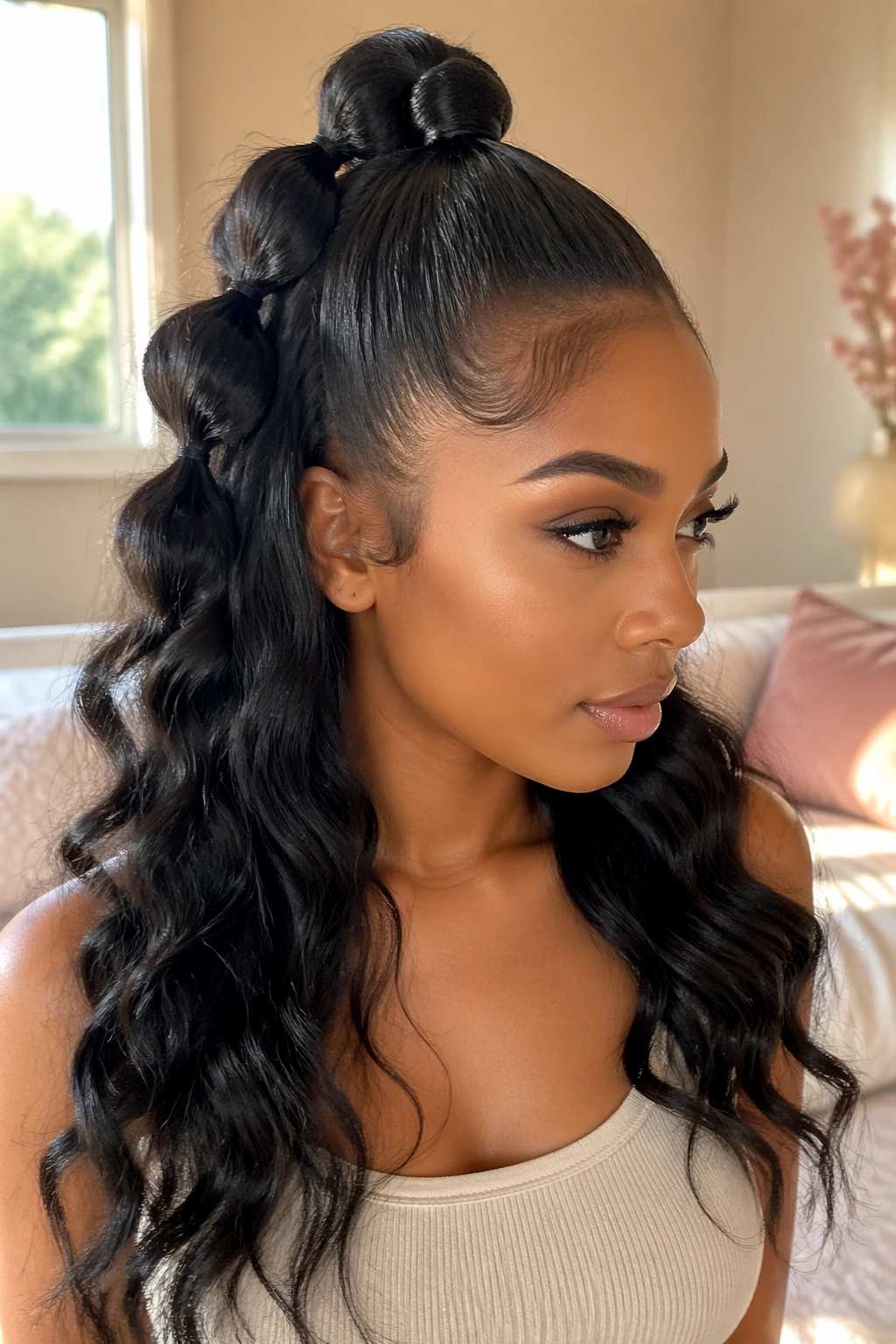 Close-up of a real woman with a bubble half pony and wavy texture.