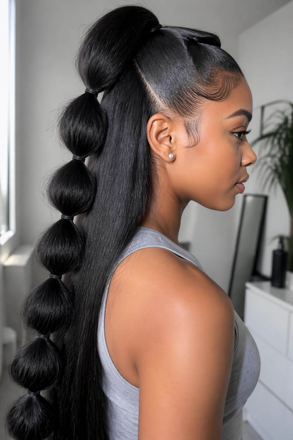 Close-up of a real woman with bubble half-up weave ponytail featuring rounded bubble sections.