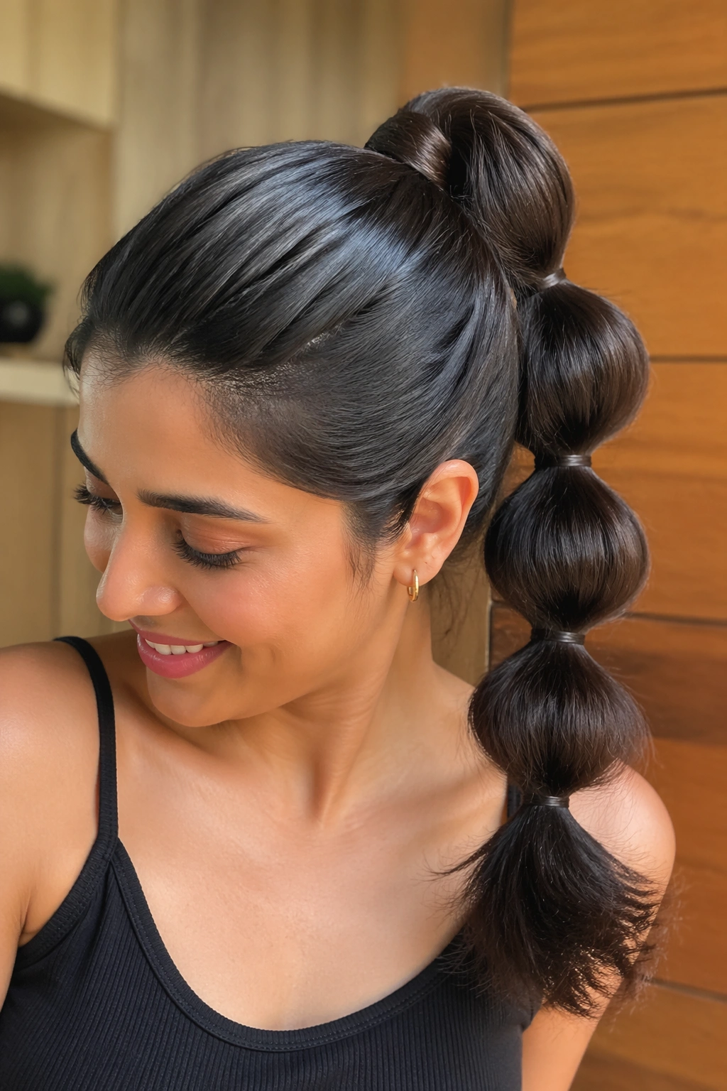 Close-up of a real woman with Bubble High Ponytail with Hidden Elastics showing bubble segments