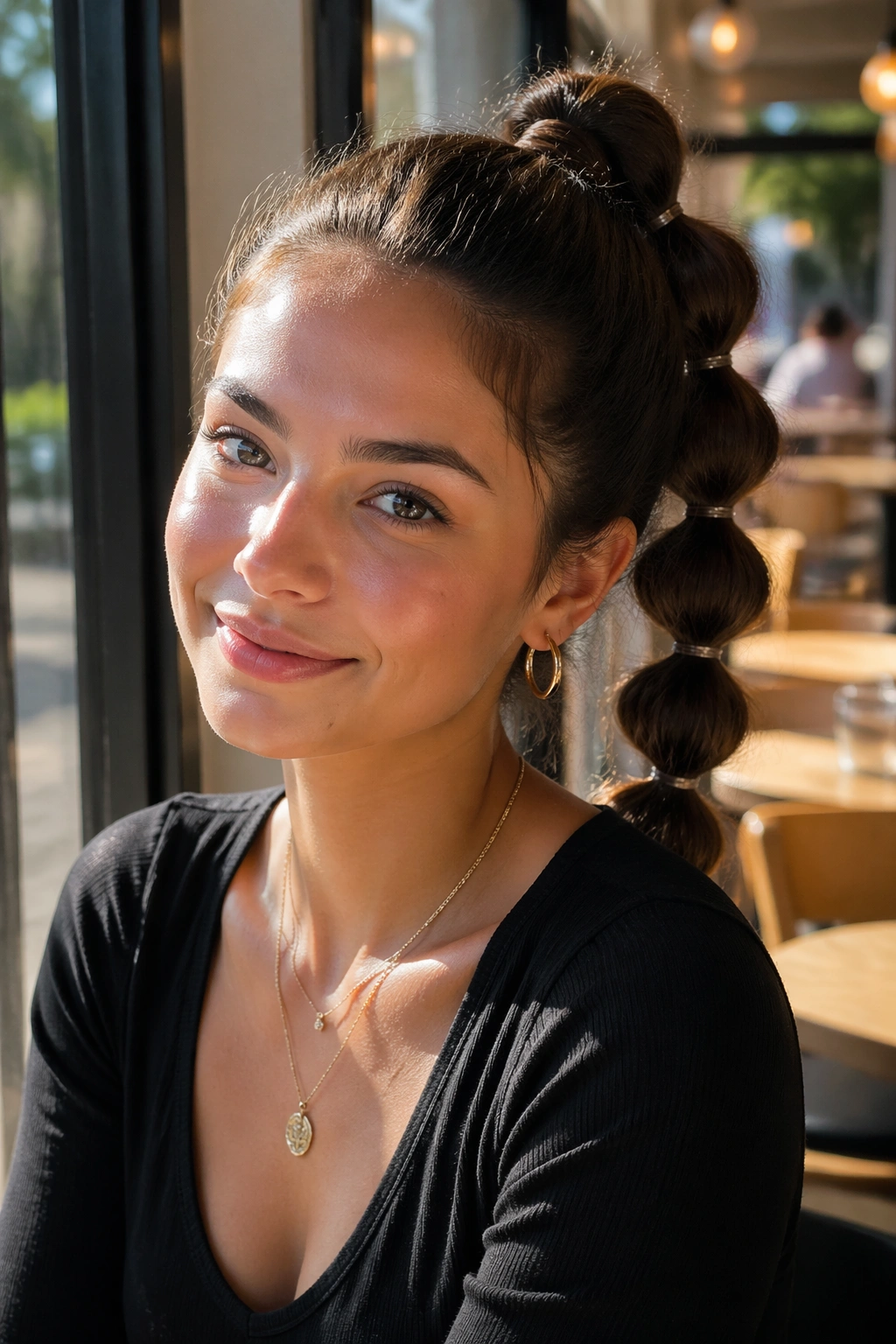 Profile close-up of a real woman with a high bubble ponytail in sunlit cafe lighting