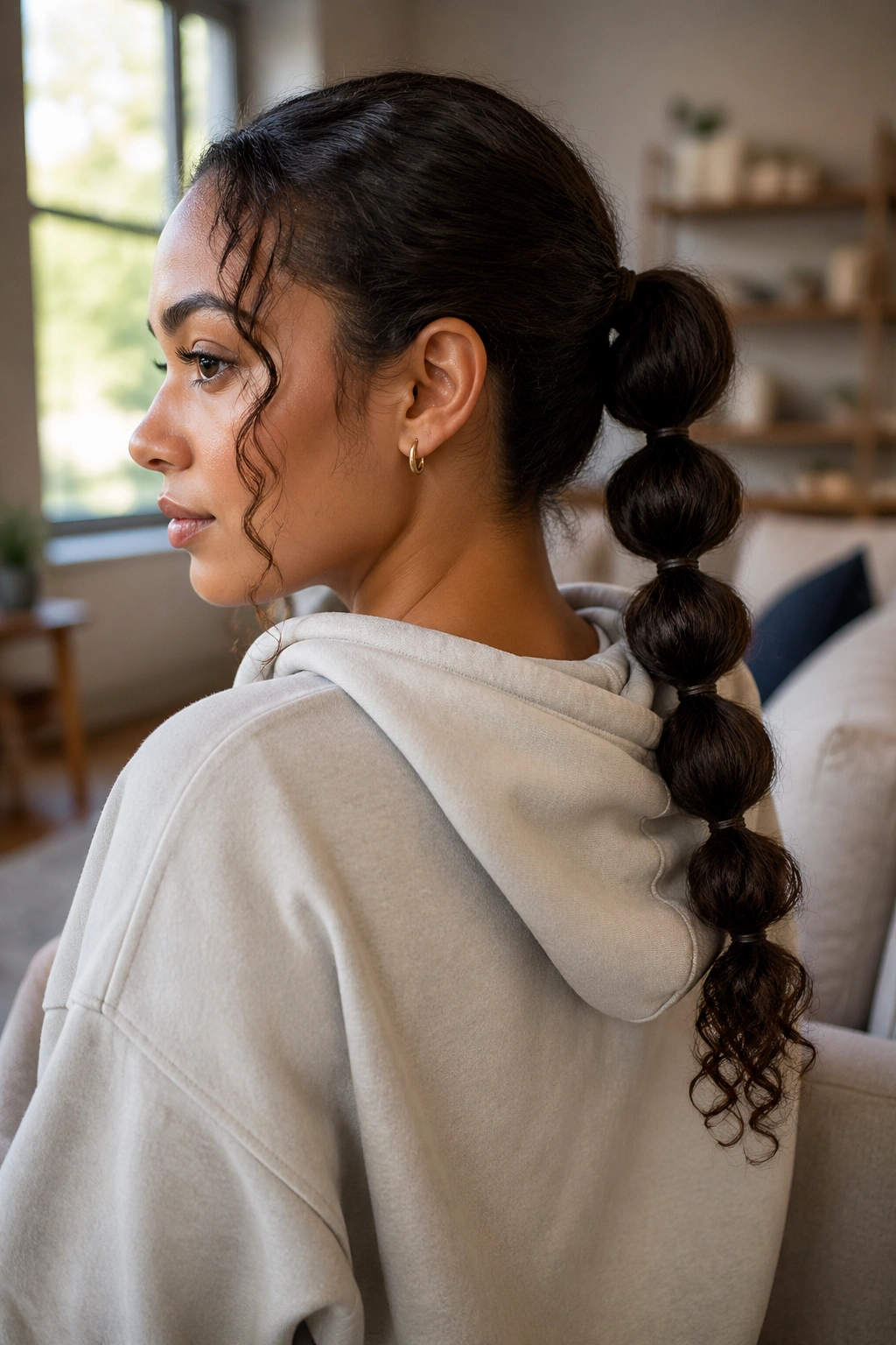 Close-up of a real woman with a bubble ponytail featuring segmented curls under natural daylight.