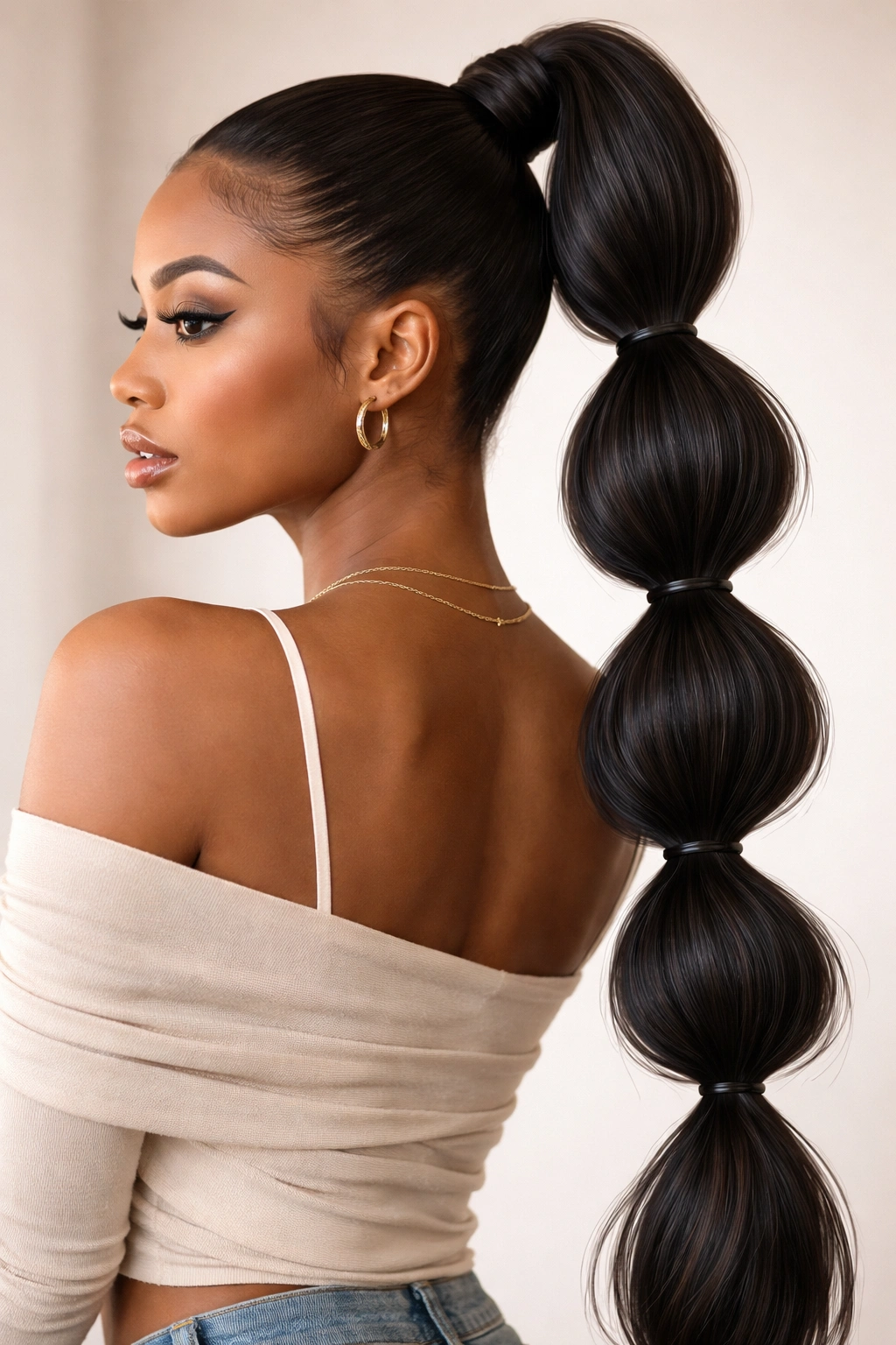 High bubble ponytail with multiple round sections formed by elastic bands.