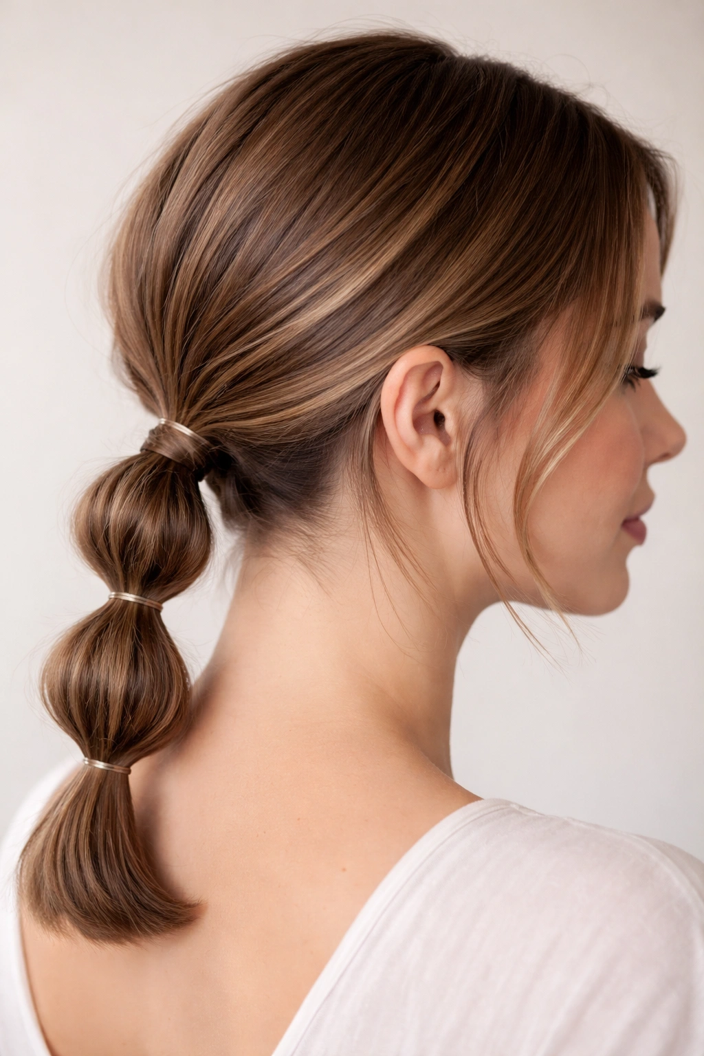 Close-up of a classic low bubble ponytail on a lob with three neat bubbles at the nape.