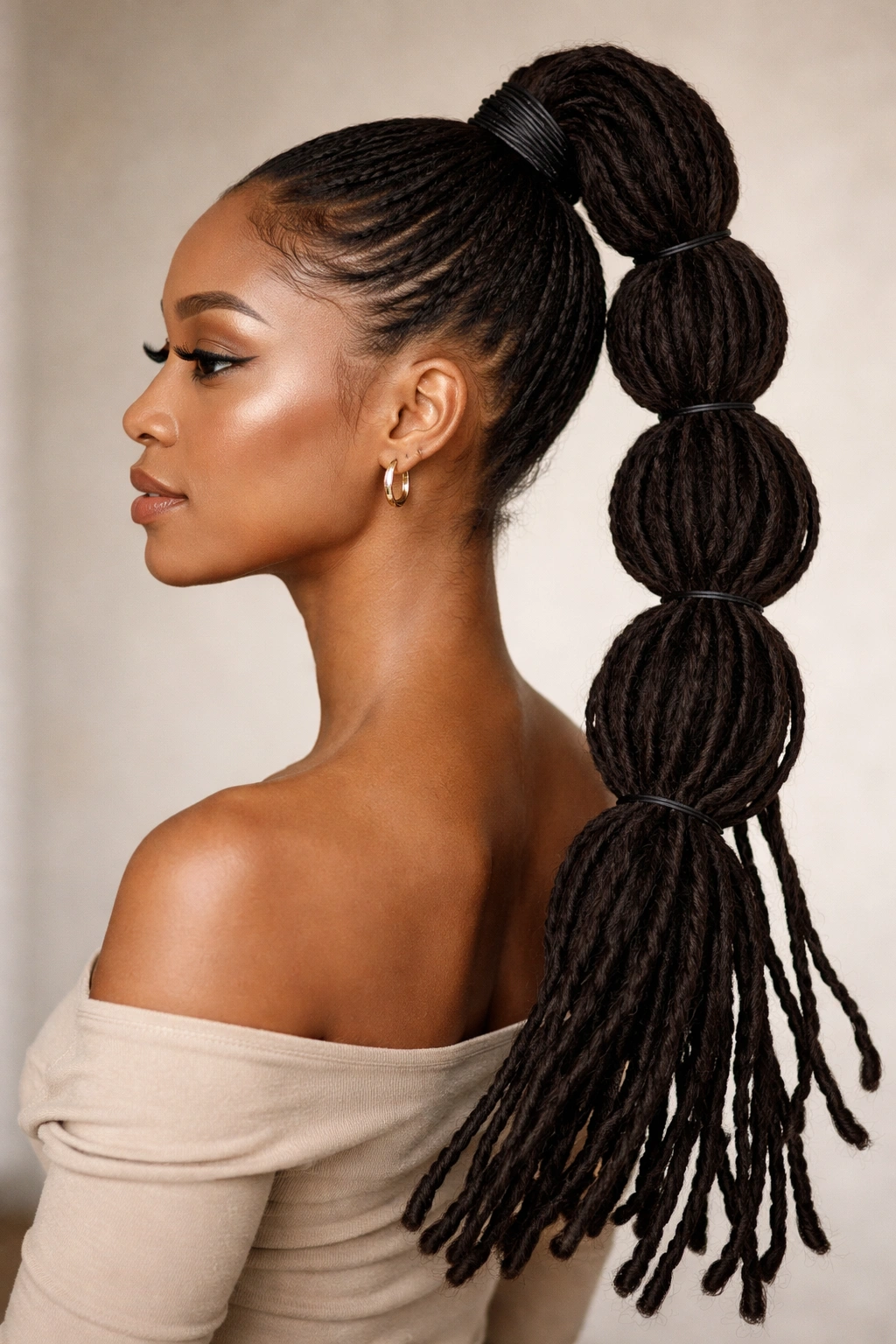 Close-up side profile of a classic high bubble ponytail on locs with evenly spaced bubbles
