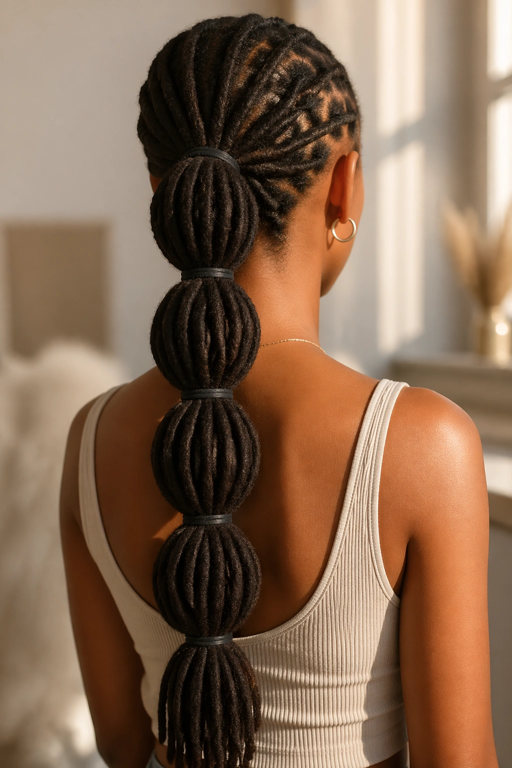 Back view of locs with a bubble ponytail showing segmented bubbles.