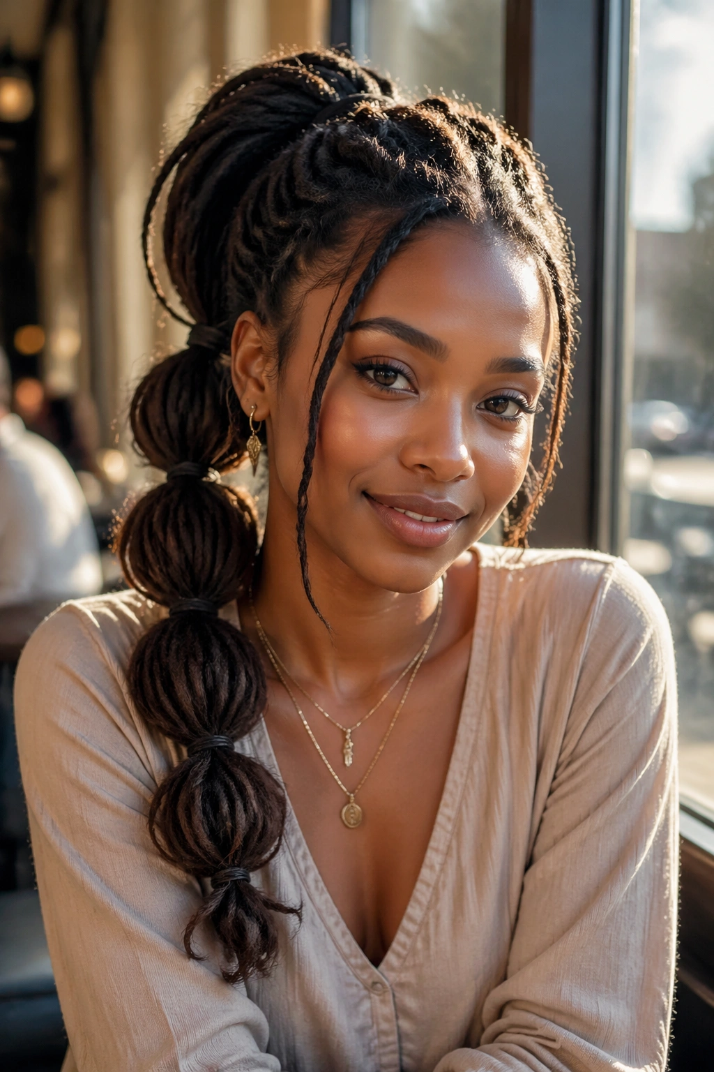 Close-up of a real person with a soft romantic bubble ponytail on locs, warm natural light