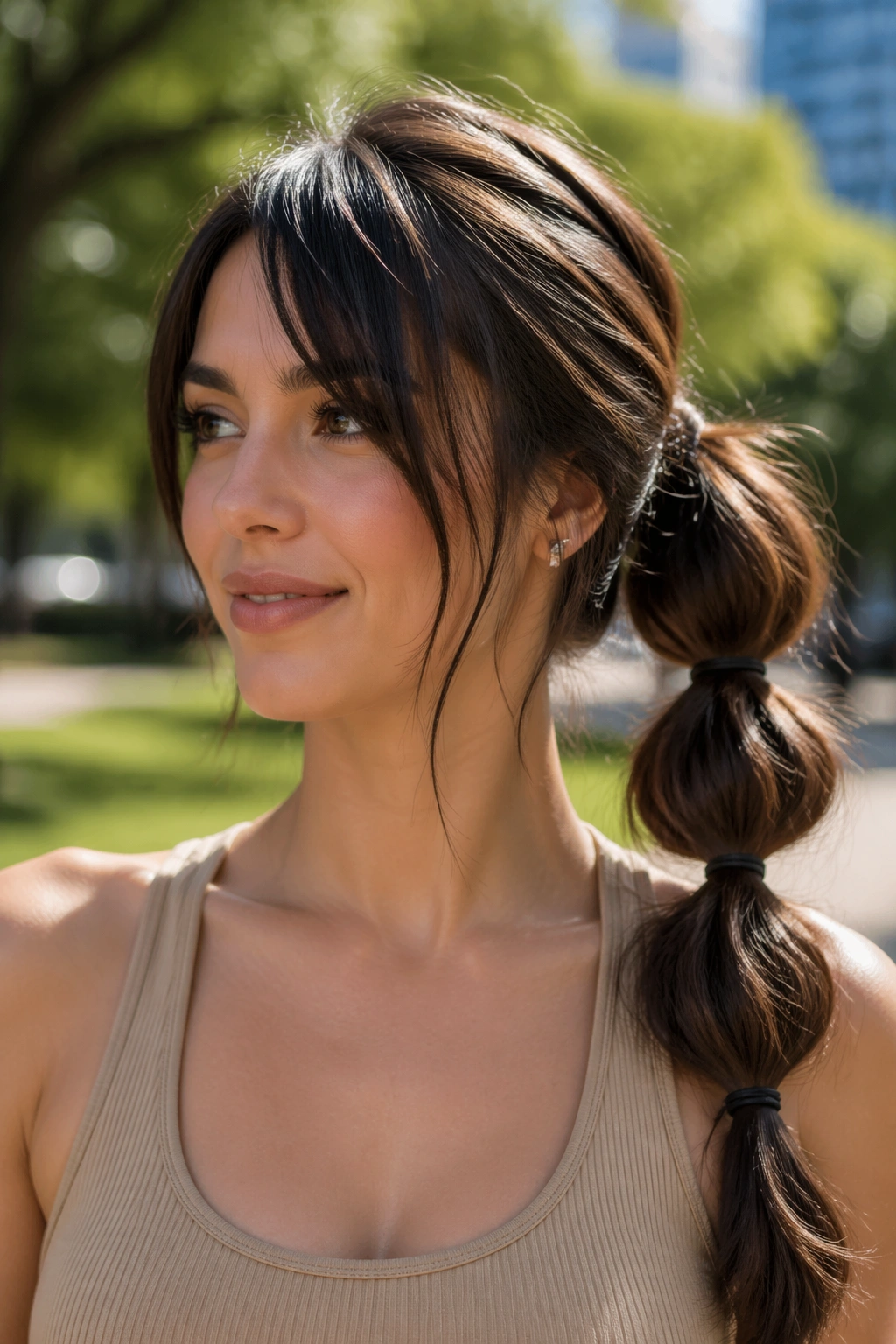 Close-up of a woman with a bubble side ponytail and long bangs in a sunlit park