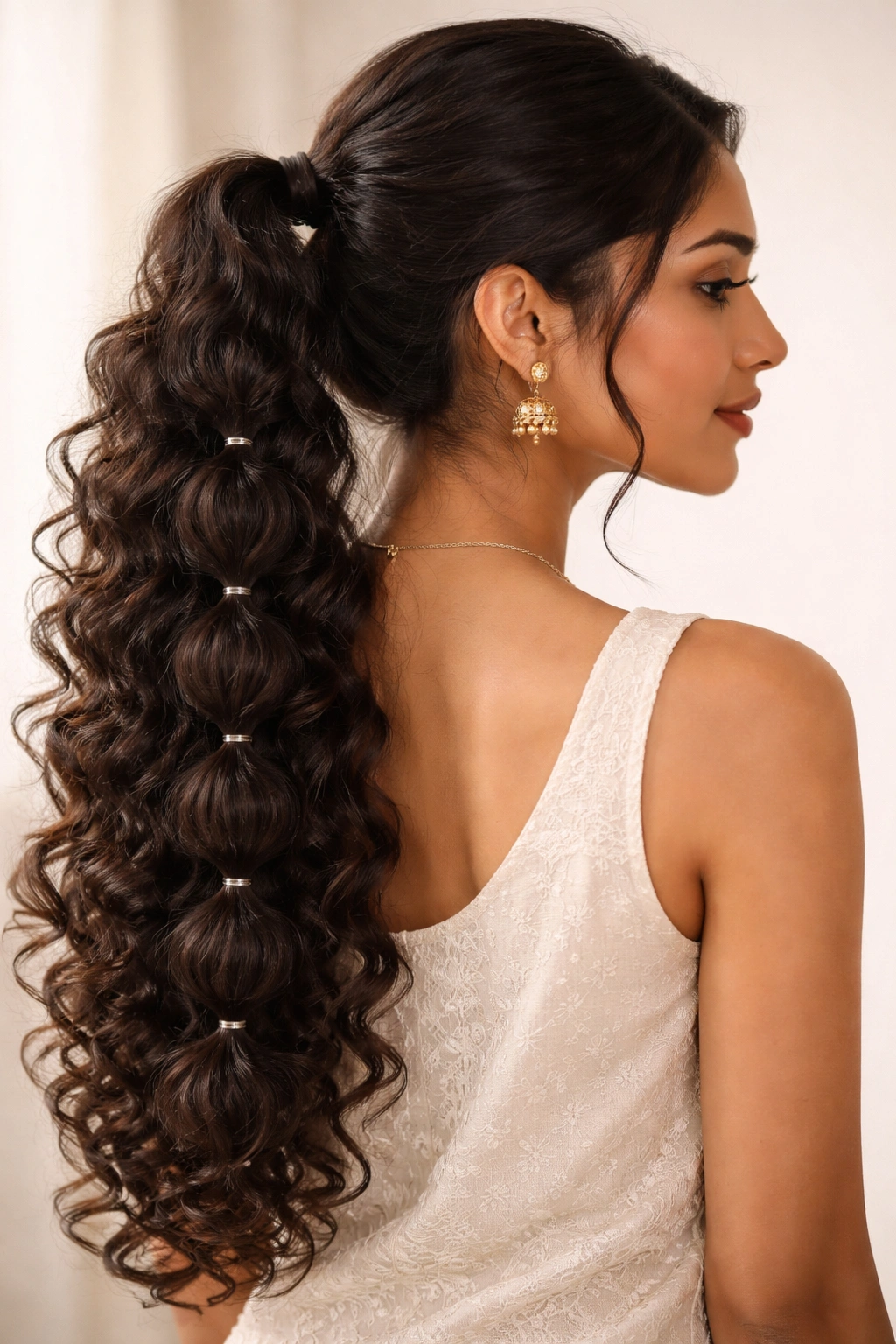 Bubble ponytail on long curly hair with visible elastic bubbles