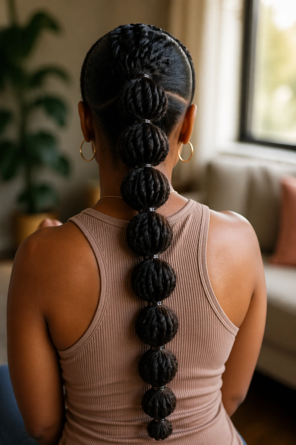 Rear portrait of a real woman with a long bubble braided ponytail down the back