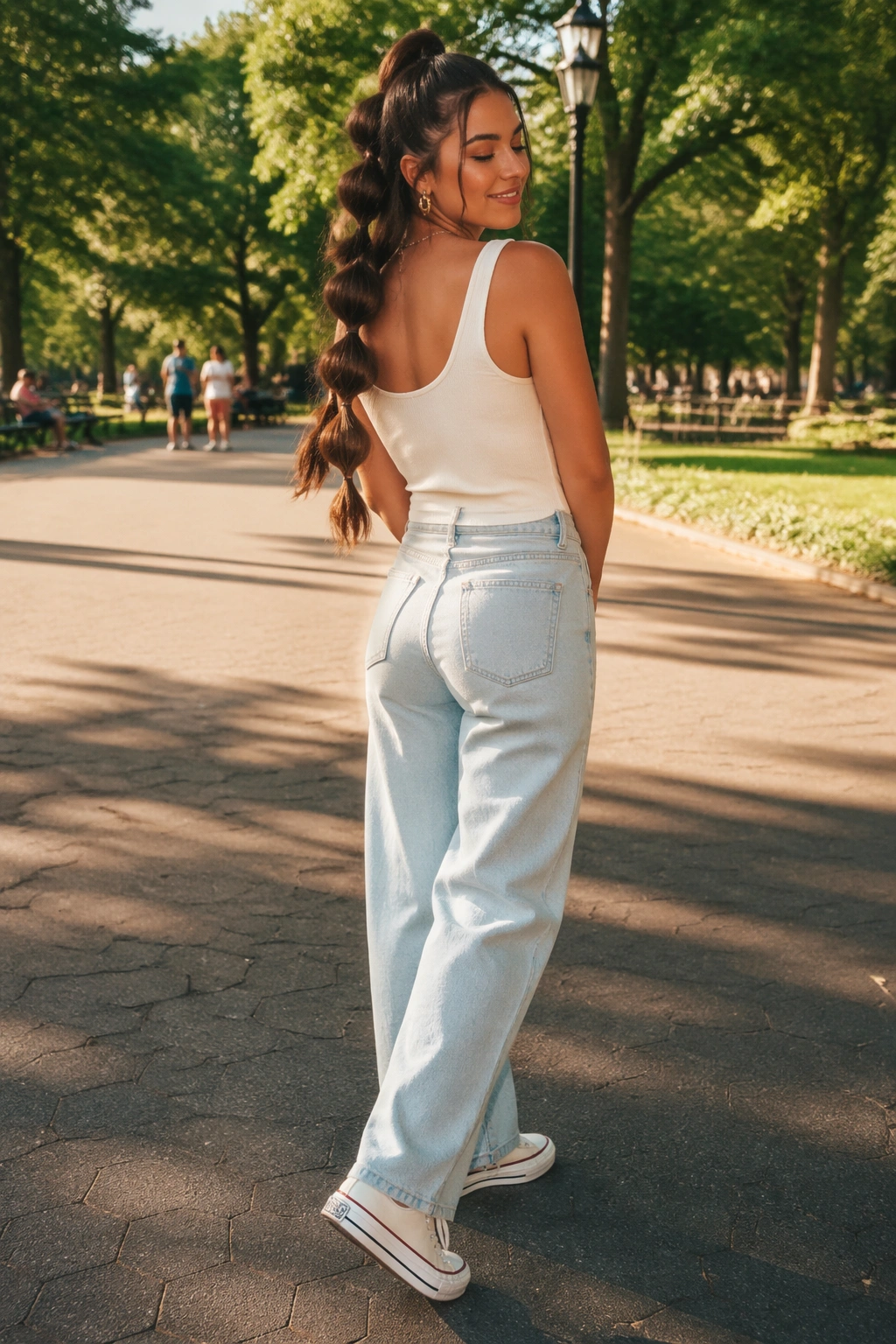 Wide outdoor shot of Bubble Half-Up Ponytail in a sunlit park.