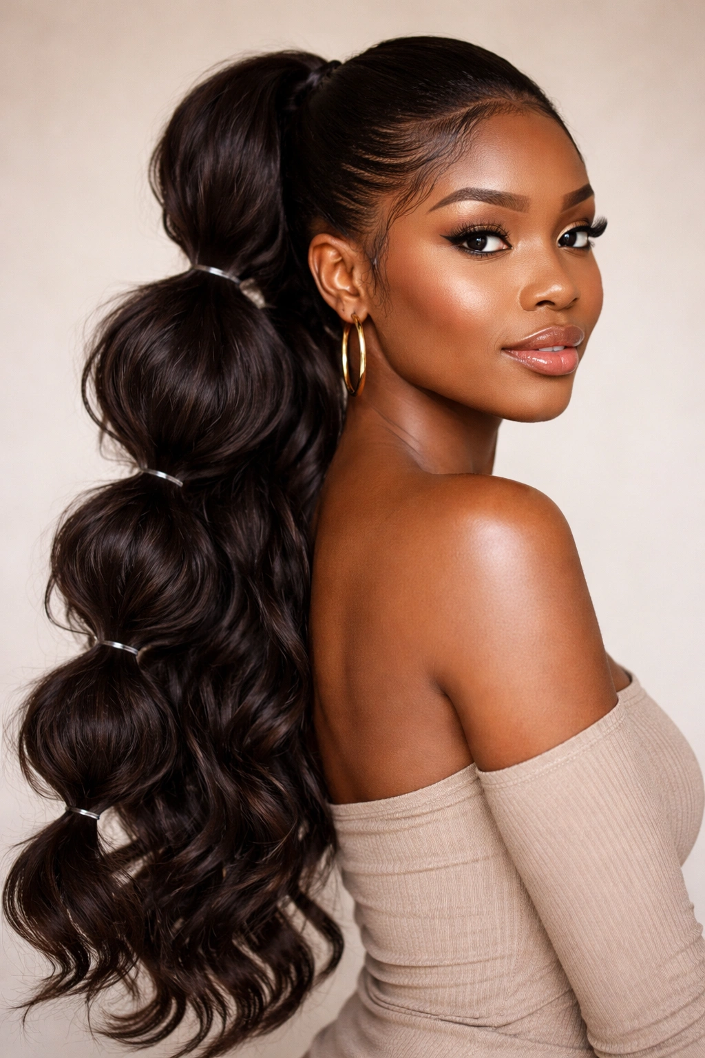 Bubble ponytail with evenly spaced elastics and long waves