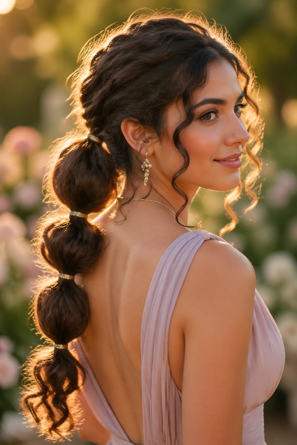 Close-up of real woman with soft bubble ponytail and spaced elastics