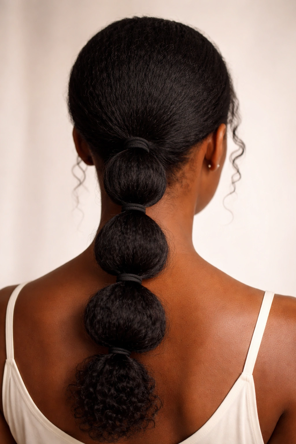 Rear view of a low bubble ponytail at the nape with soft edges on natural hair