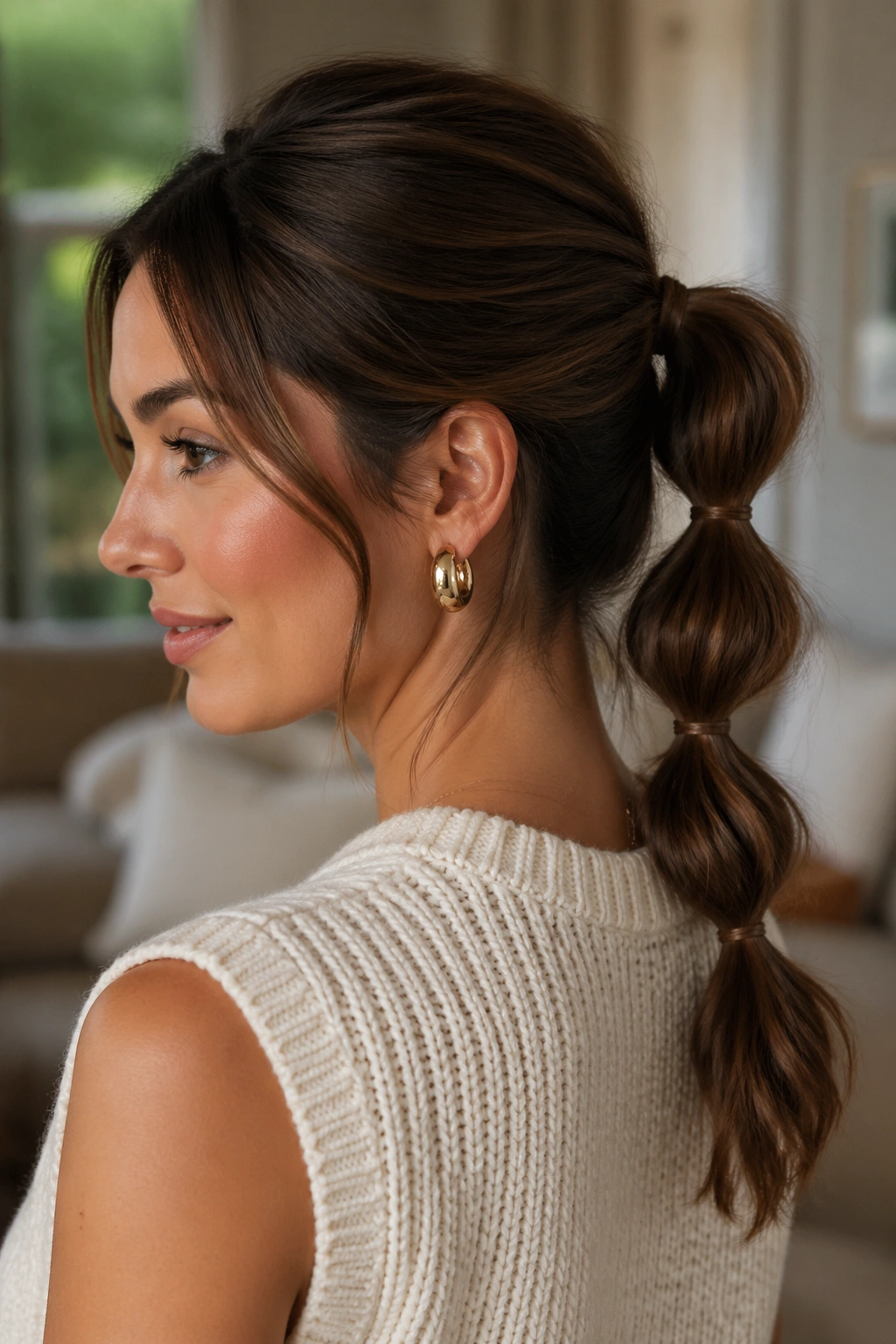 Close-up of a woman with a soft bubble ponytail and a little lift at the crown.