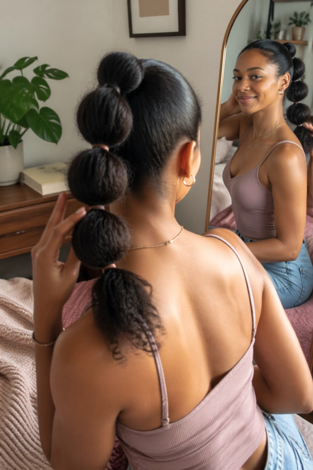 Over-the-shoulder selfie of bubble mid-ponytail styling.