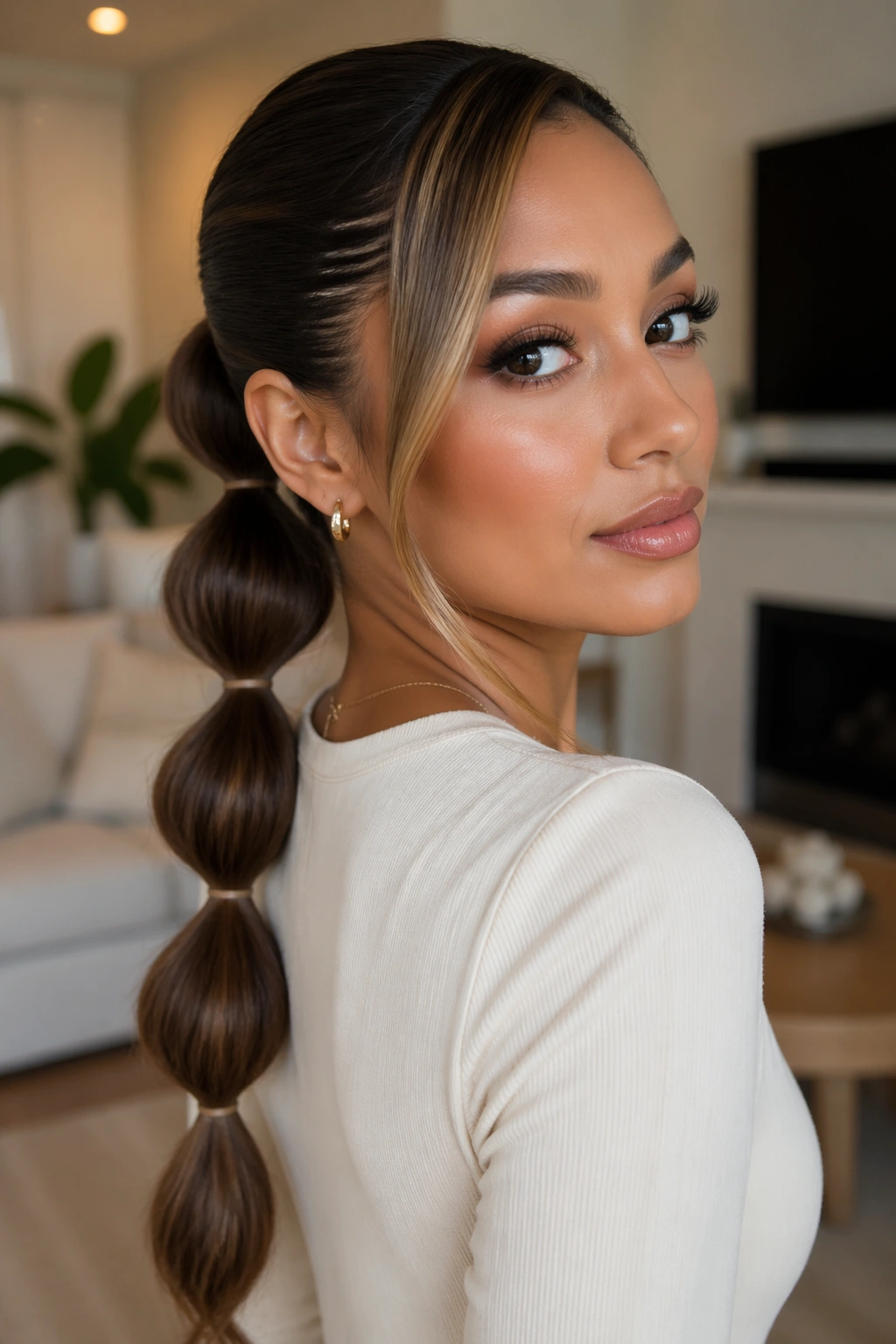 Close-up of a woman with a bubble mid swoop ponytail showing segmented bubbles