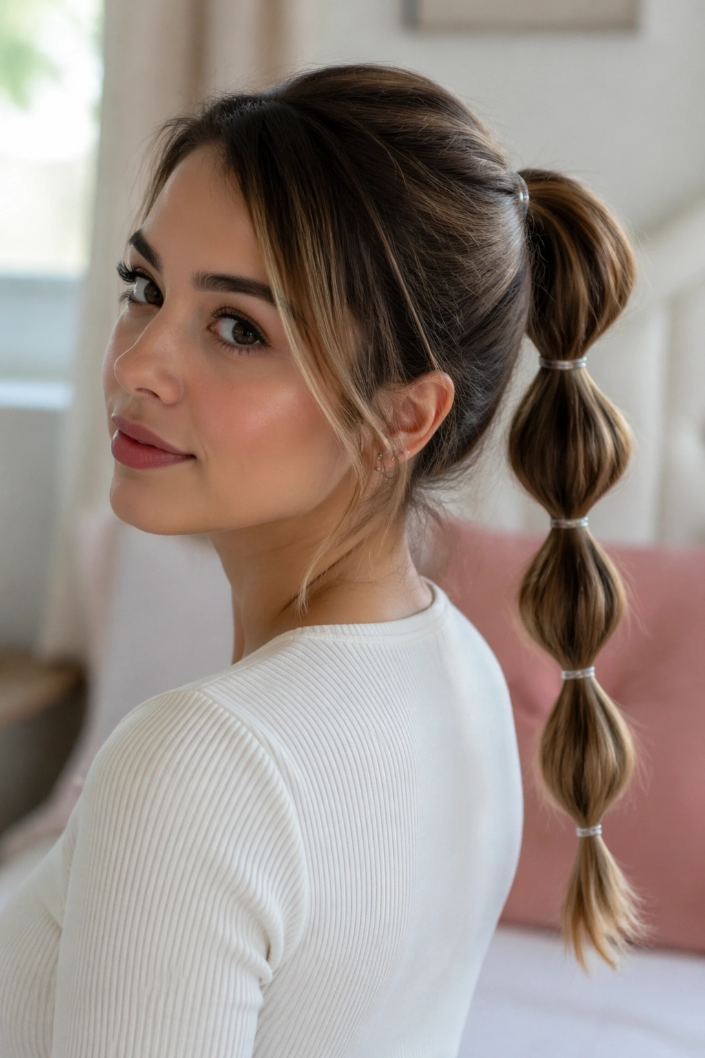 Close-up of a real woman's mid ponytail with evenly spaced bubble segments