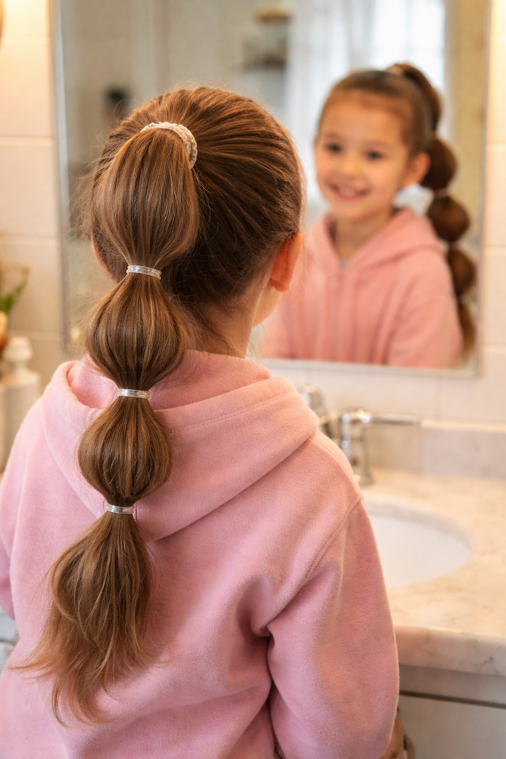 Over-the-shoulder POV of bubble ponytail in a bathroom mirror