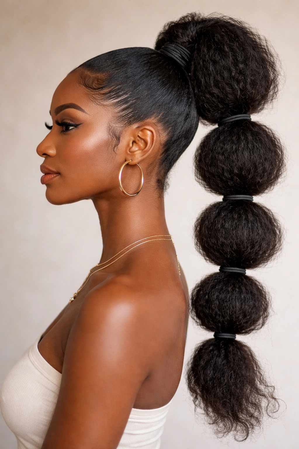 Bubble ponytail with multiple tied sections showing natural texture