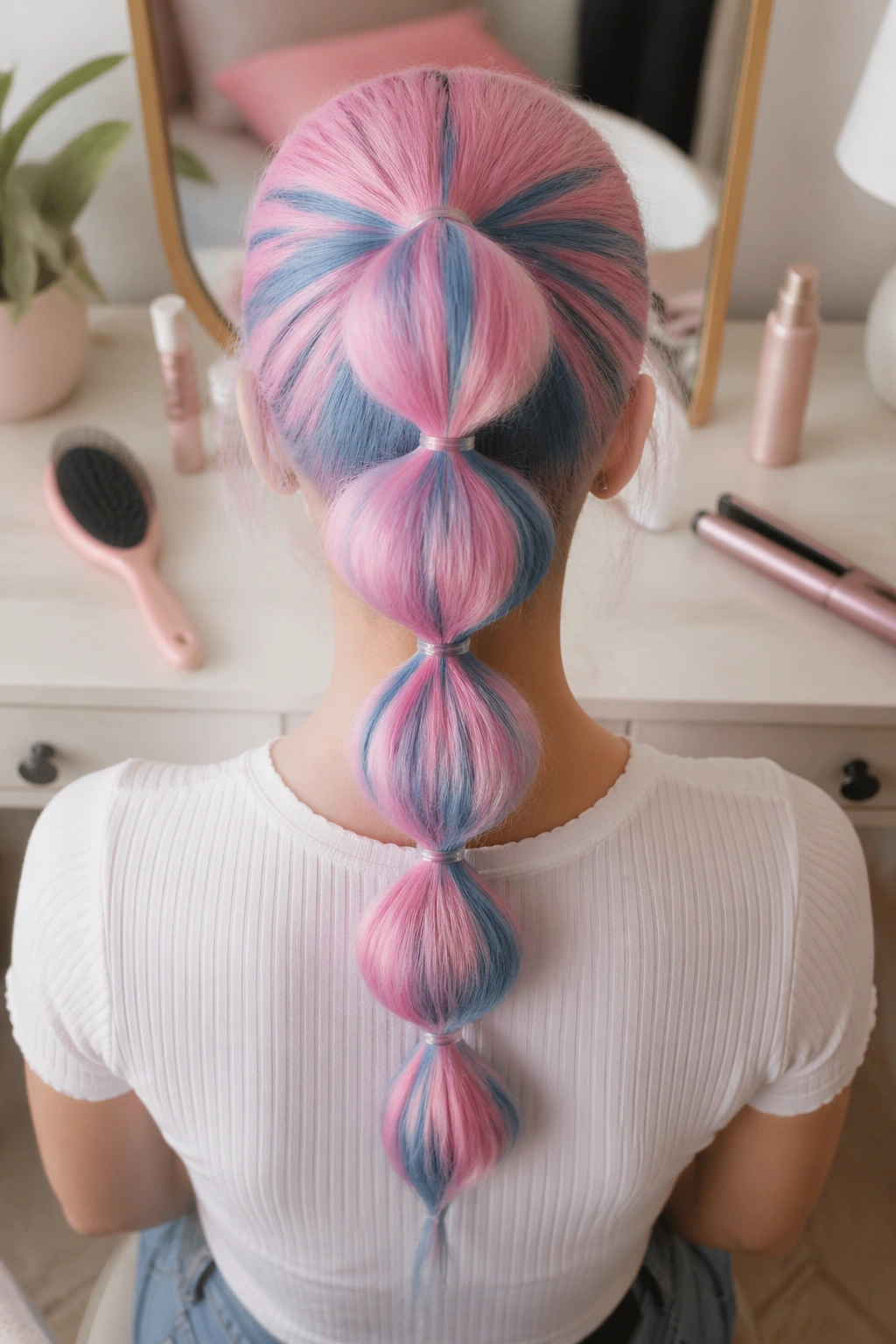 Overhead flat-lay cotton candy bubble ponytail