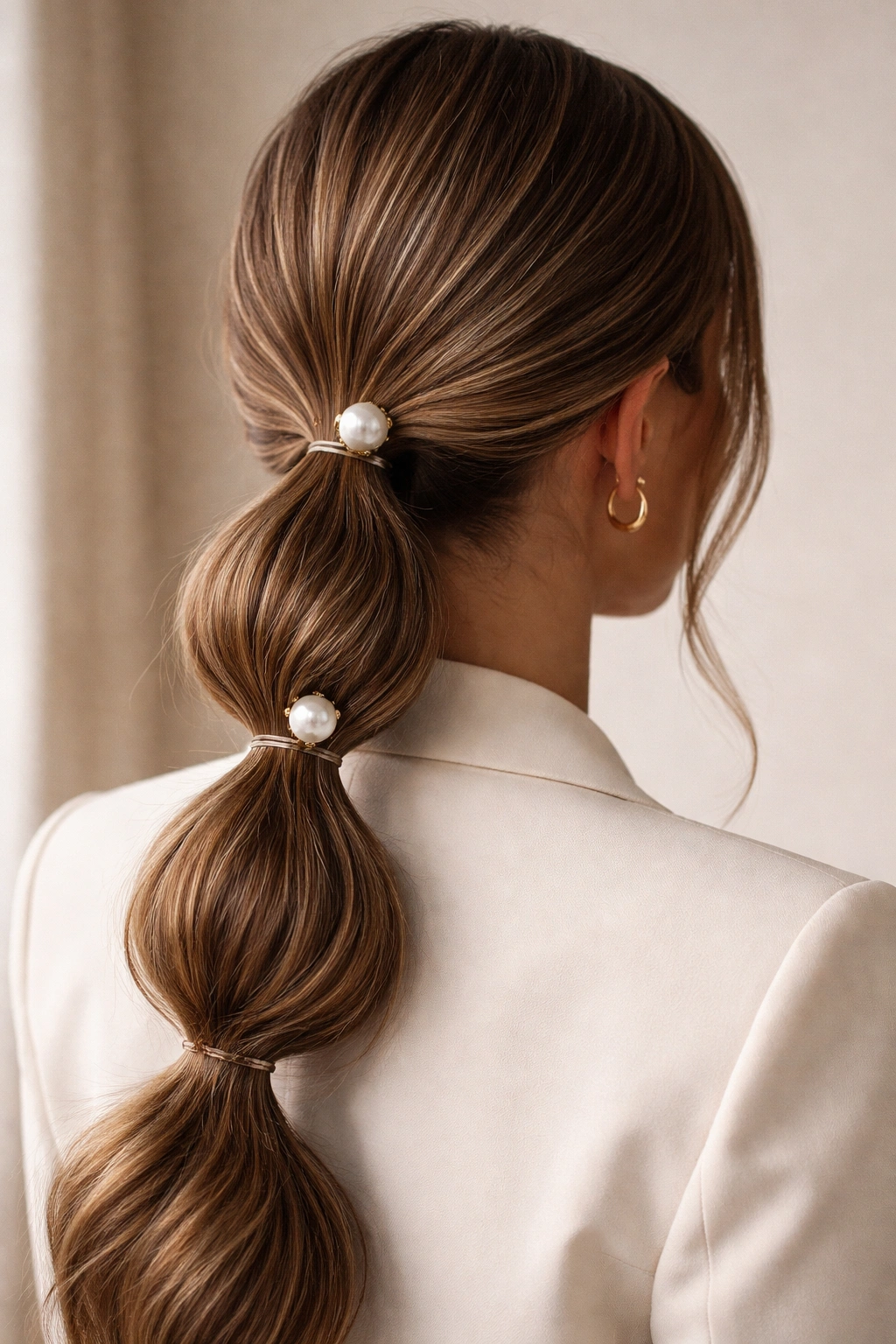 Back view of bubble low ponytail with pearl pins along the bubbles on a neutral background