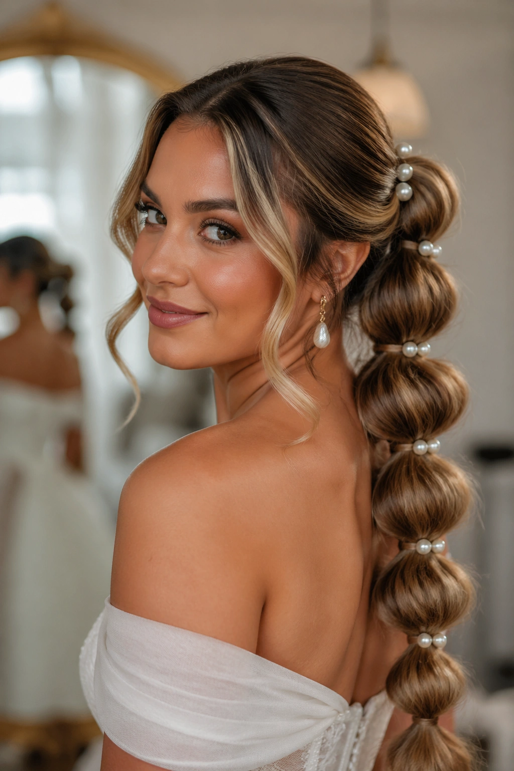Close-up of a bride with bubble ponytail and pearl accents