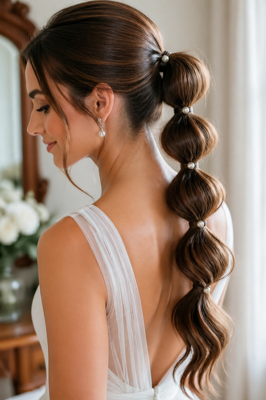 Close-up of a real bride with Bubble Ponytail and pearl accents.