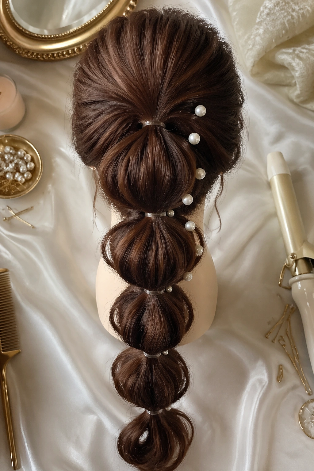 Overhead flat-lay of bubble ponytail with pearl pins