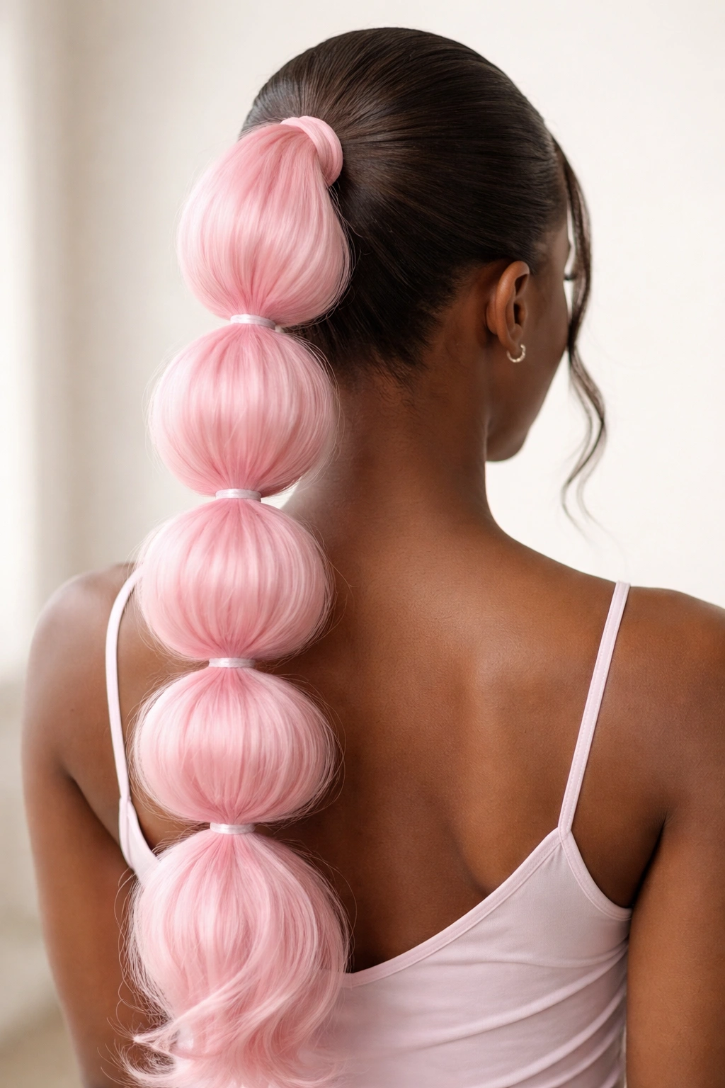 Back view of cotton-candy bubble ponytail with round bubbles along the length