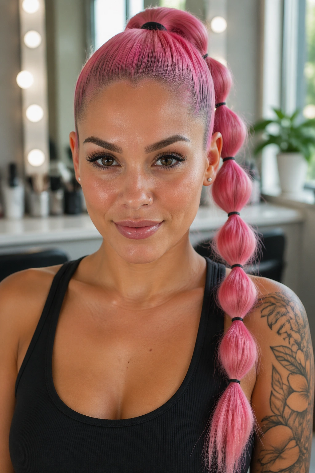 Portrait of a woman with a bubble pink ponytail showing elastic-banded sections