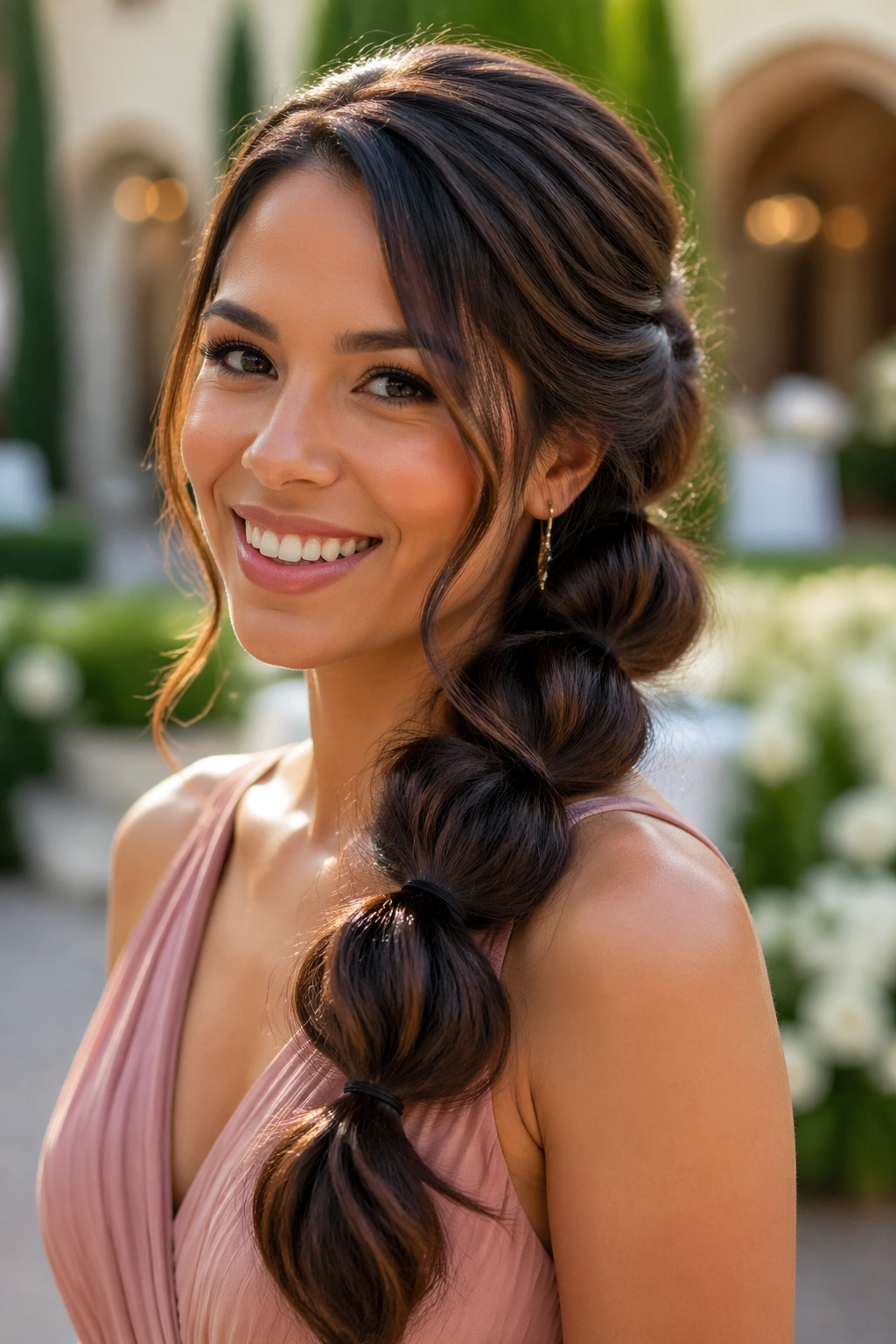 Close-up of a real woman with a bubble side ponytail in a sunny wedding venue.