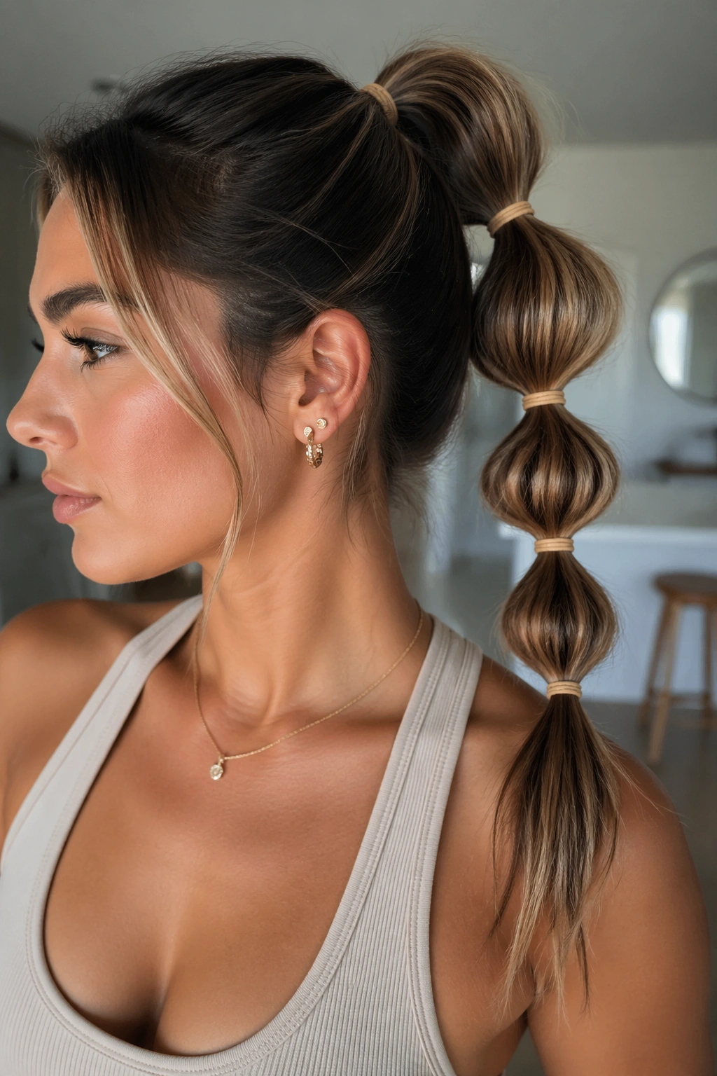 Bubble high ponytail close-up portrait with bubble sections along the tail