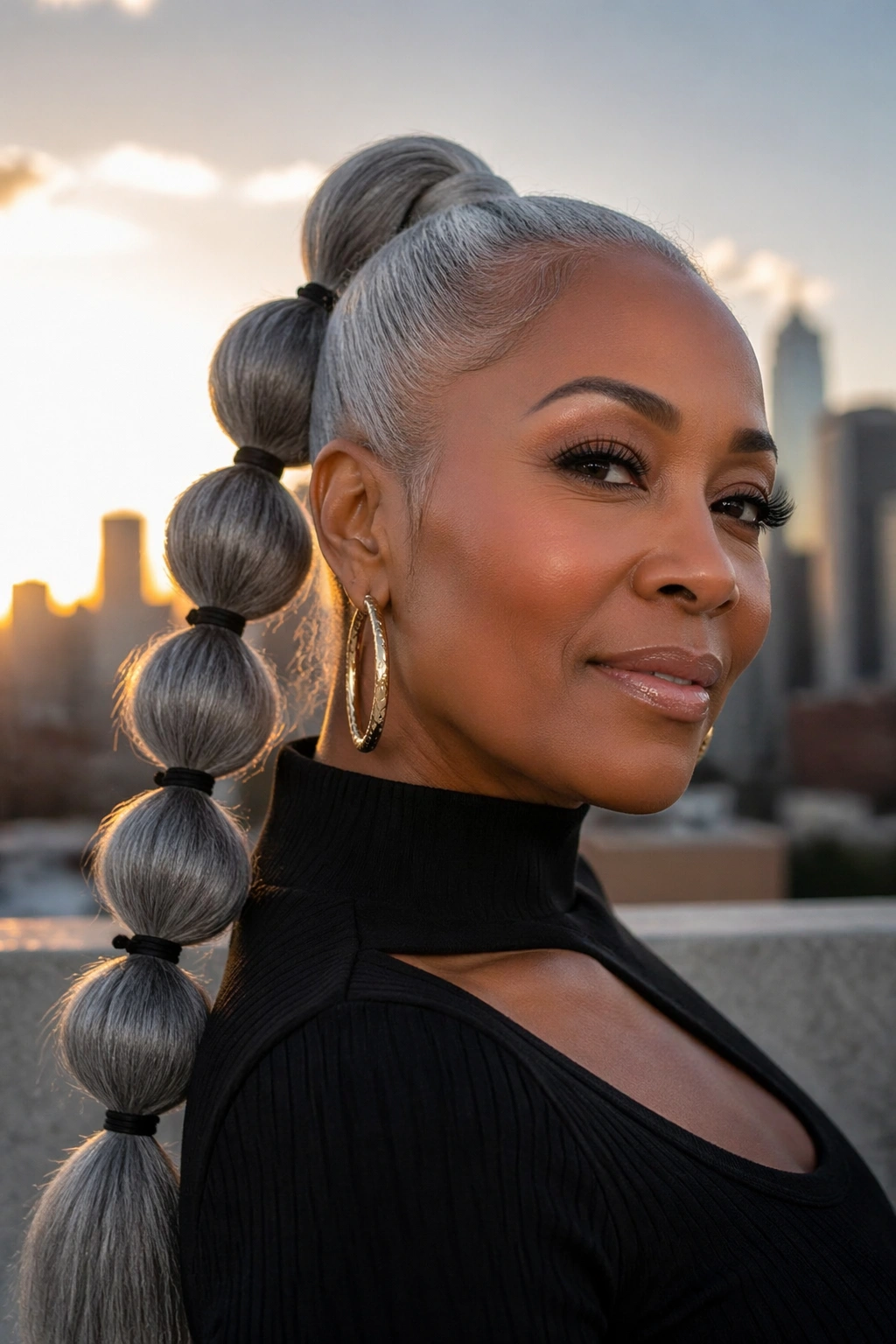 Close-up of a real woman with a bubble ponytail.