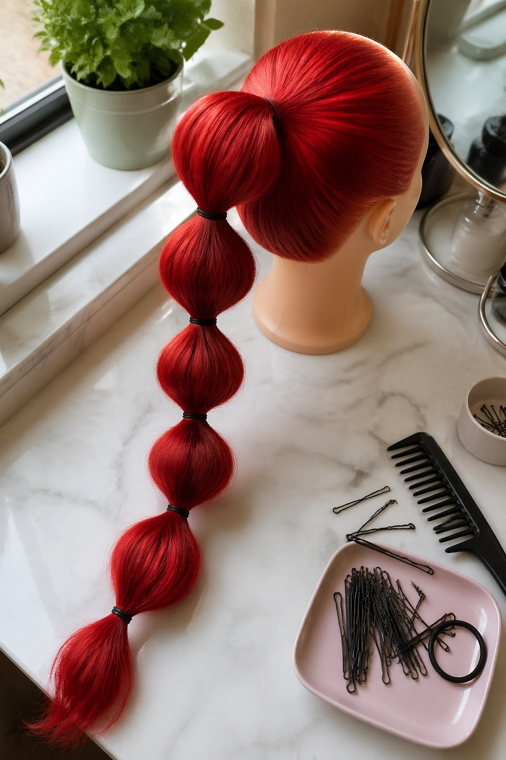 Overhead flat-lay of a fire-engine red bubble ponytail with segmented sections.